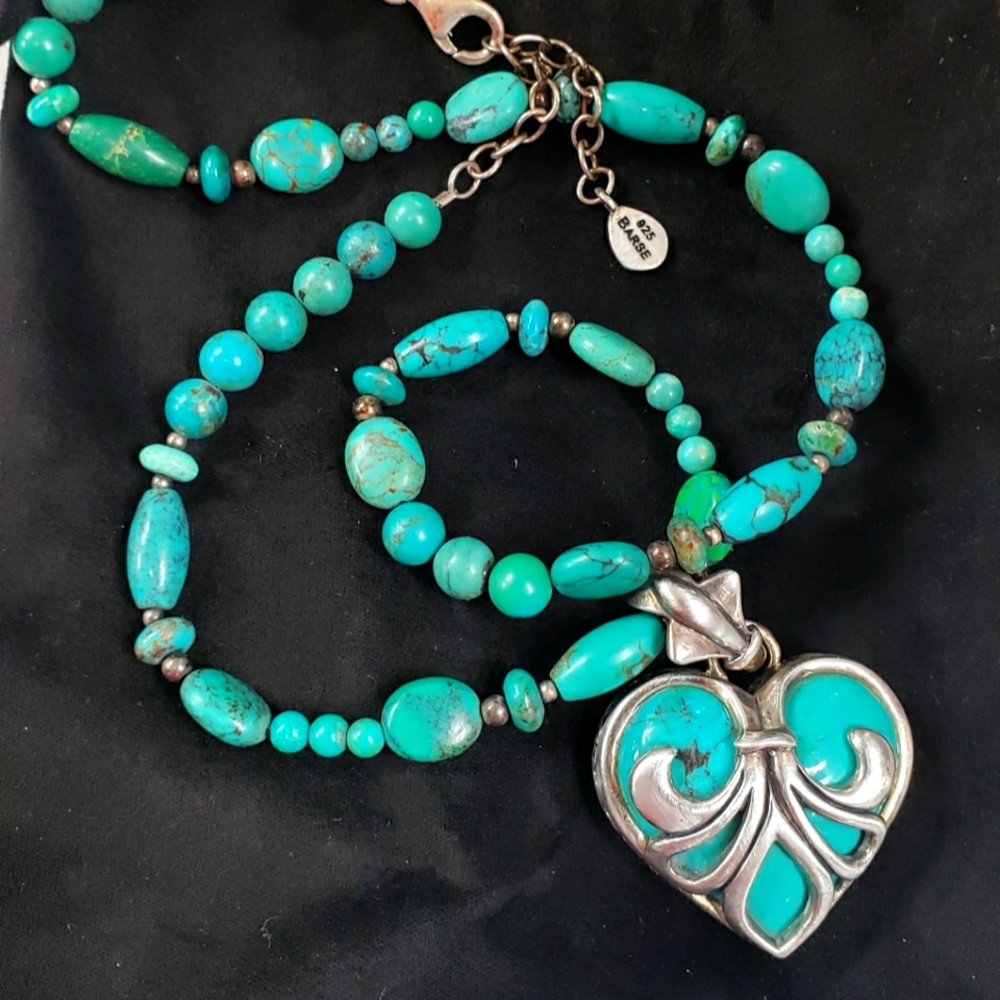 Barse 925 Sterling Silver turquoise bead necklace with heart pendant